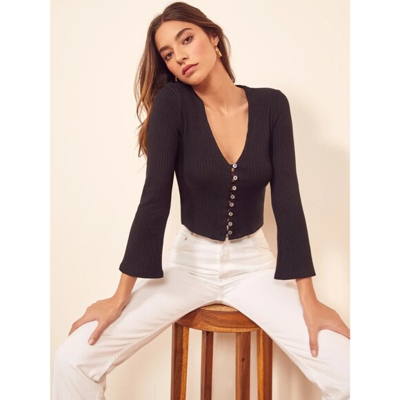 Reformation Tops - Reformation The Gellar Black Ribbed Button Front Bell Sleeve Crop Top Womens L